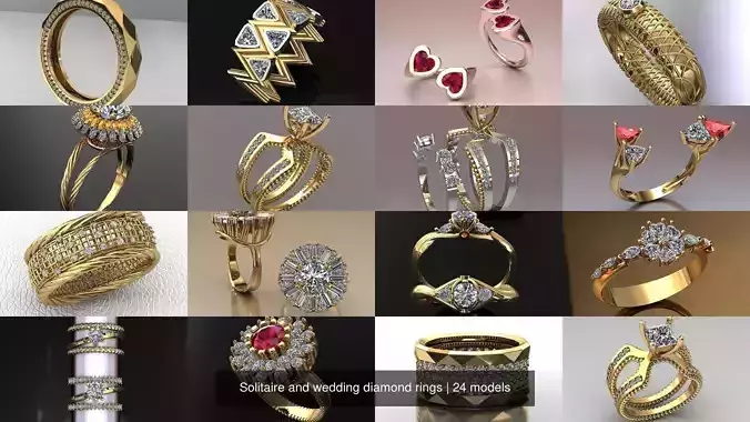 Solitaire and wedding diamond rings 3D Model Collection