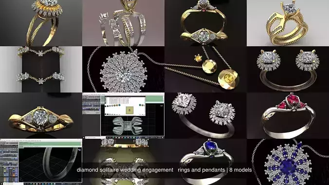  diamond solitaire wedding engagement   rings and pendants 3D Model Collection