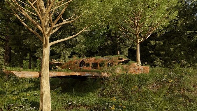 Abandoned airplane crashed on forest 3D model 2