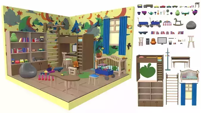 Isometric cartoon children room 01