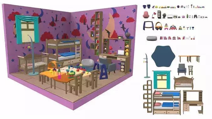 Isometric cartoon children room 02
