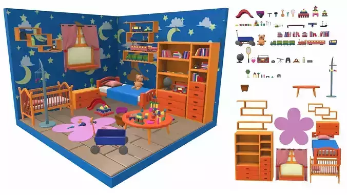 Isometric cartoon children room 03
