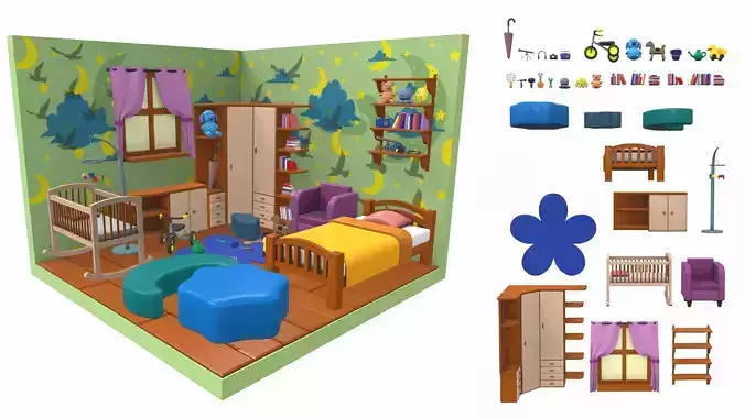Isometric cartoon children room 04
