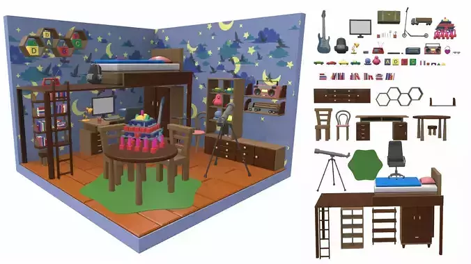 Isometric cartoon children room 05