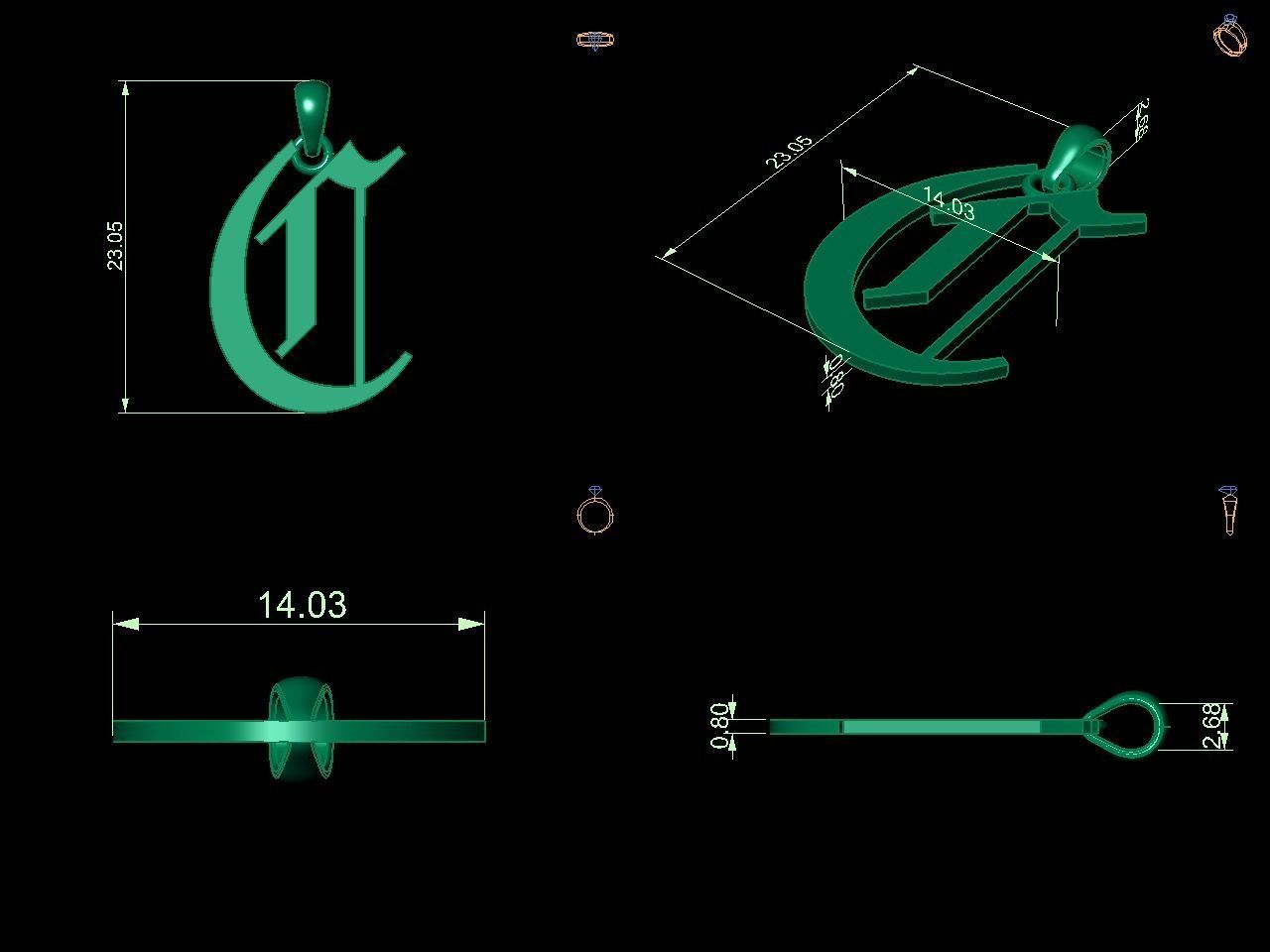 Olde English Initial Letters Pendant Alphabets  3D Model Collection_34