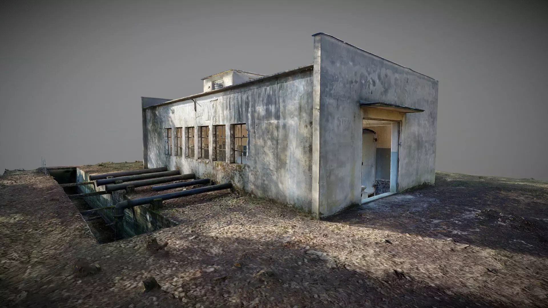Old abandoned pumping station factory 3D model_0