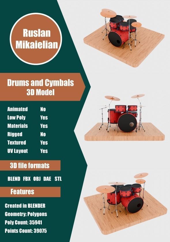 Drums and Cymbals Low-poly 3D model_1