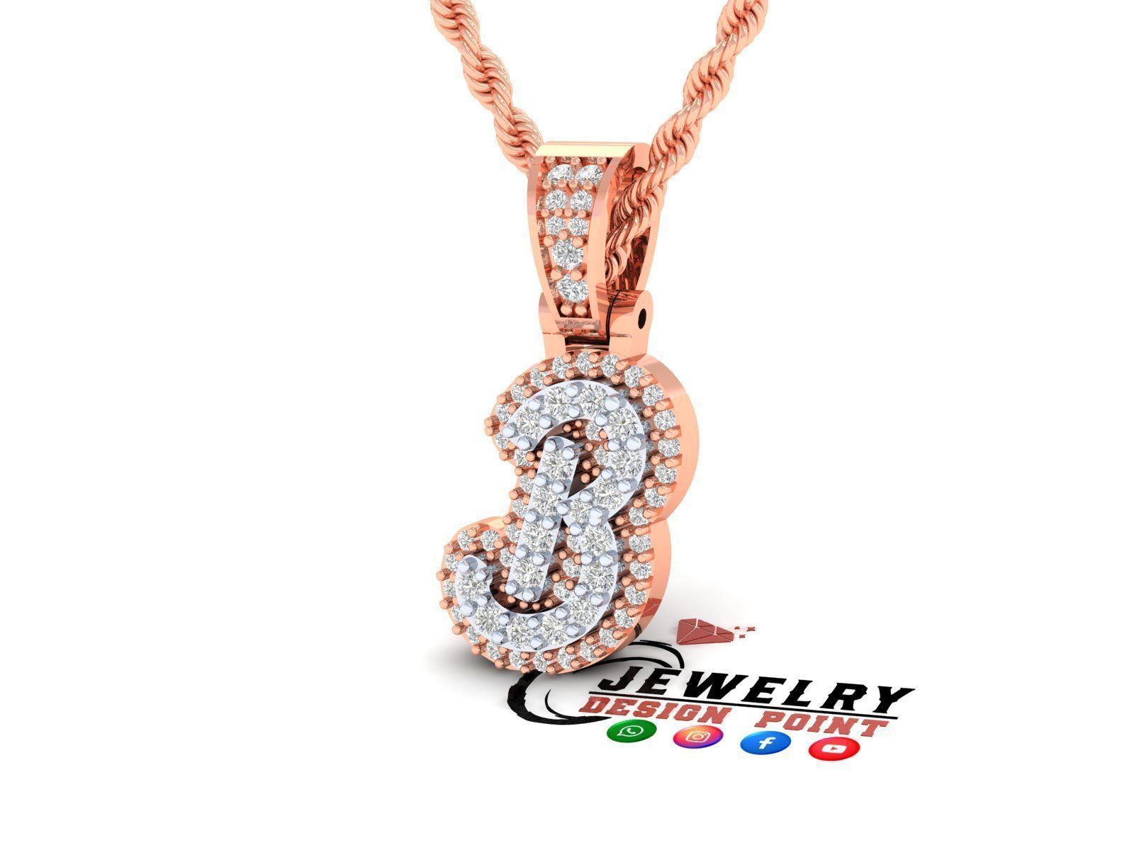 Custom Initial B Letter Diamond Pendant A to Z Alphabet Necklace 3D print model_3