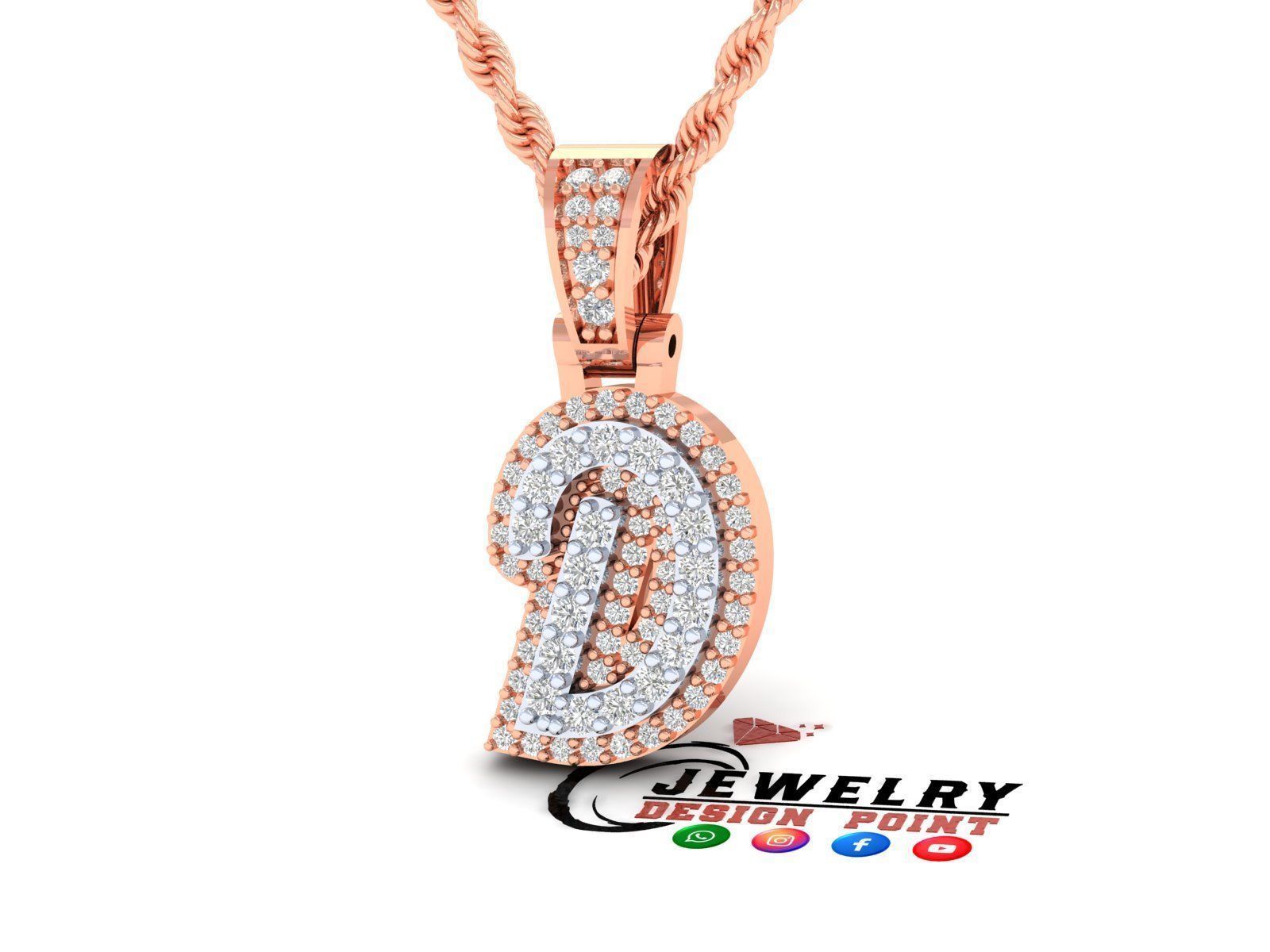 Custom Initial D Letter Diamond Pendant A to Z Alphabet Necklace 3D print model_2