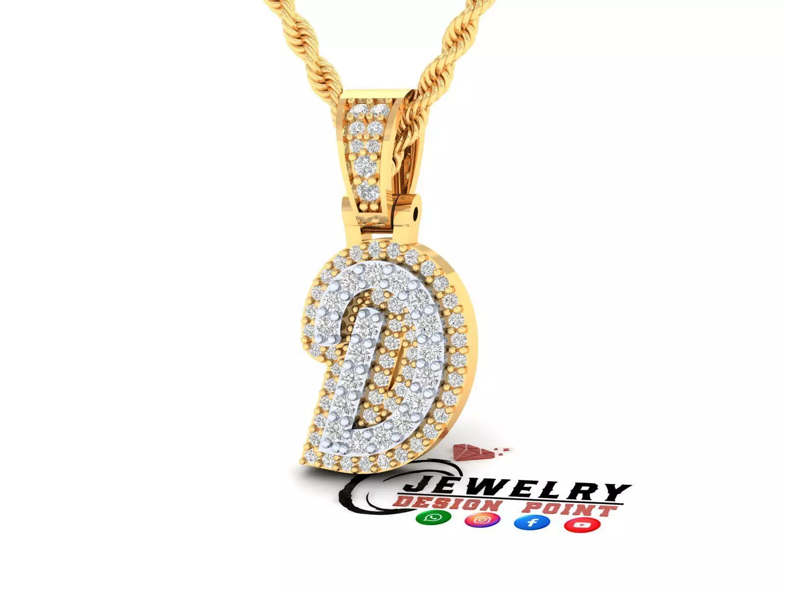 Custom Initial D Letter Diamond Pendant A to Z Alphabet Necklace 3D print model_0