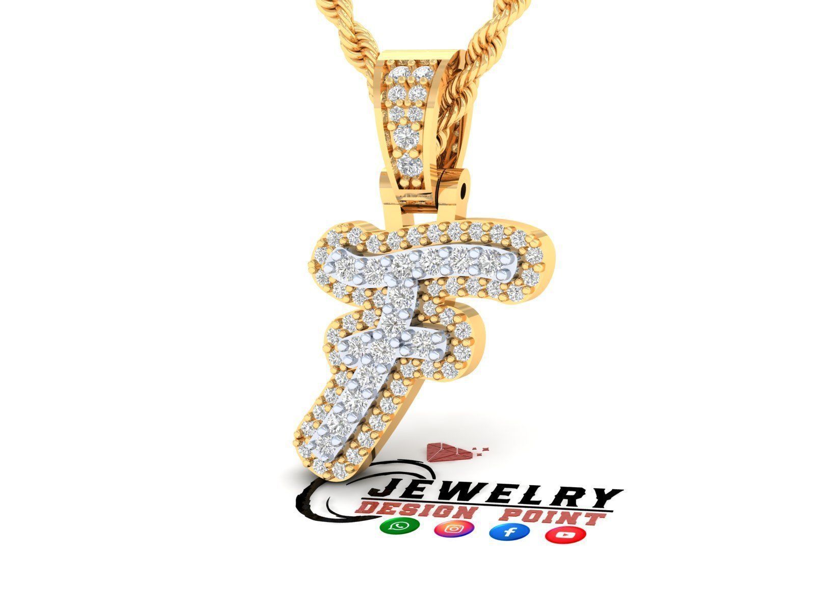 Custom Initial F Letter Diamond Pendant A to Z Alphabet Necklace 3D print model_2