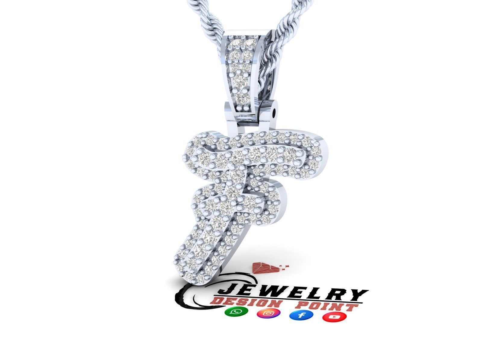 Custom Initial F Letter Diamond Pendant A to Z Alphabet Necklace 3D print model_3