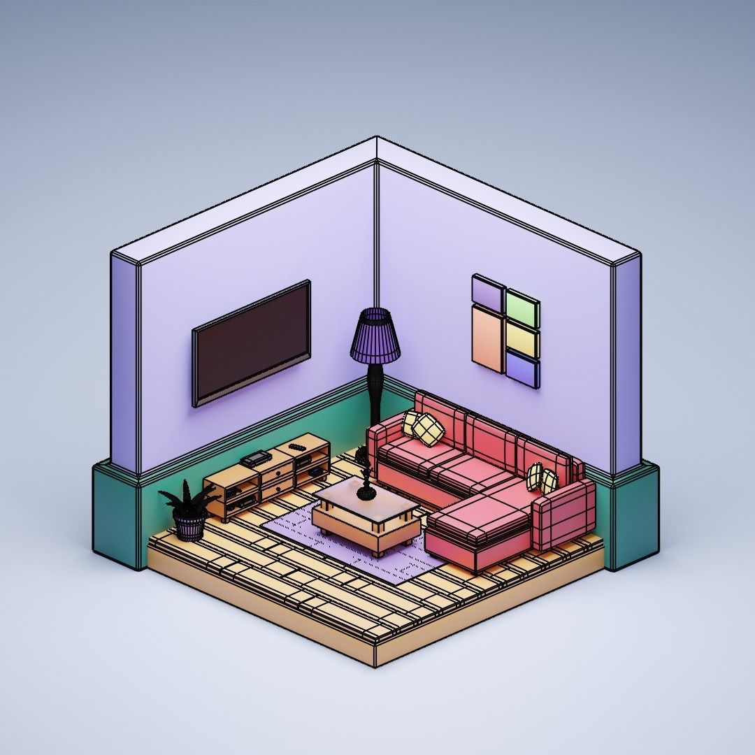 Low Poly Isometric Living Room Low-poly 3D model_2