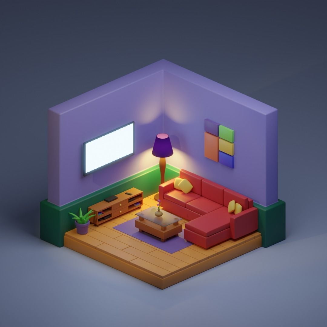 Low Poly Isometric Living Room Low-poly 3D model_1