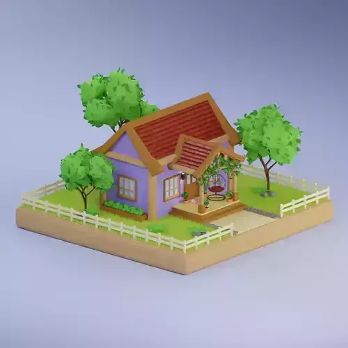 Low Poly House with Garden and Porch