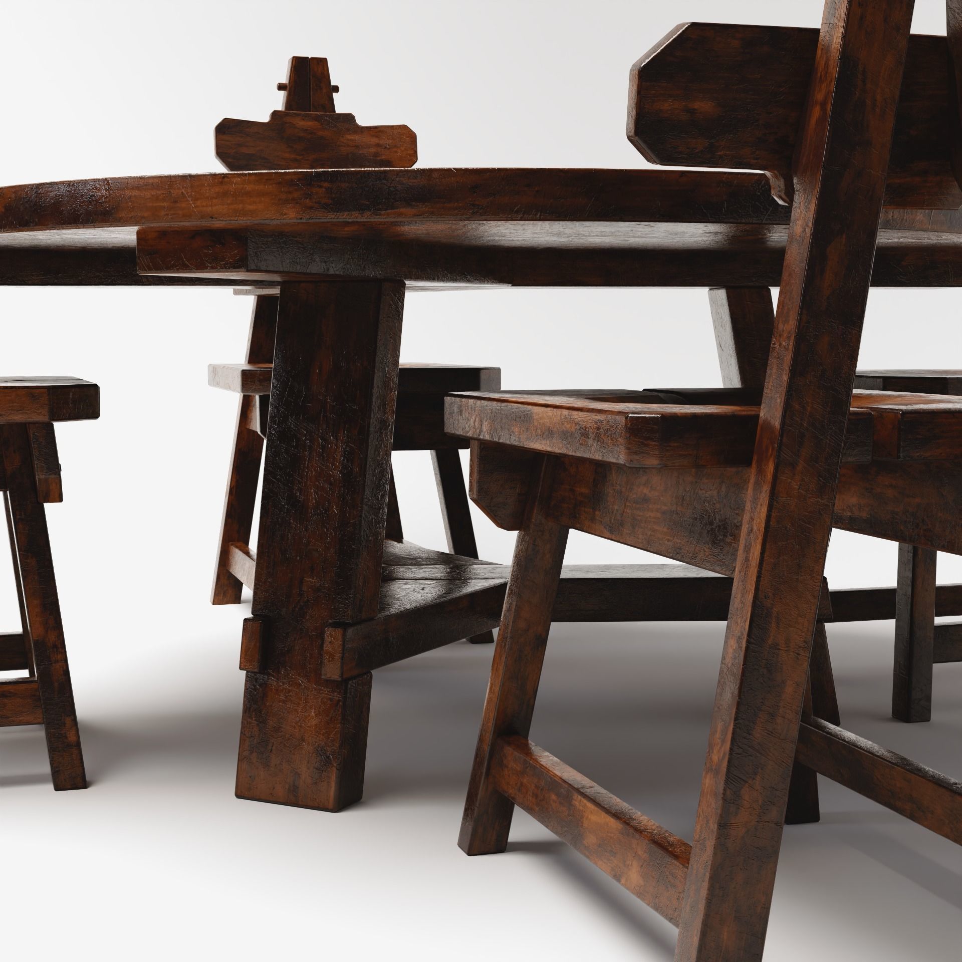 Brutalist Dining Table and Chairs Set Low-poly 3D model_1