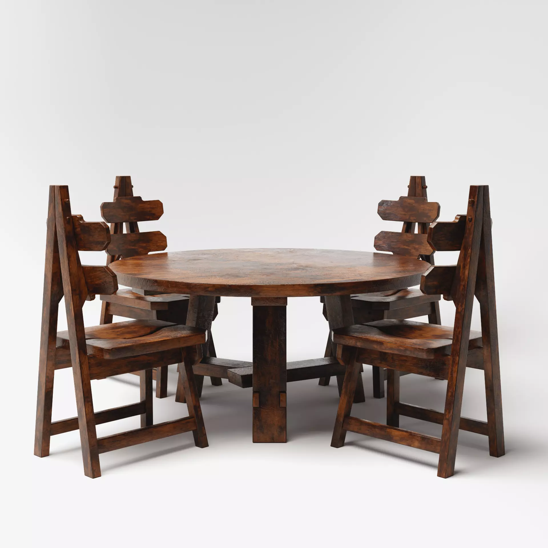 Brutalist Dining Table and Chairs Set Low-poly 3D model_0