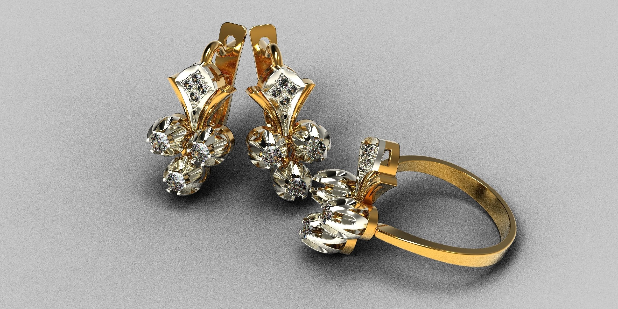 diamond ring and earrings 3D print model_1