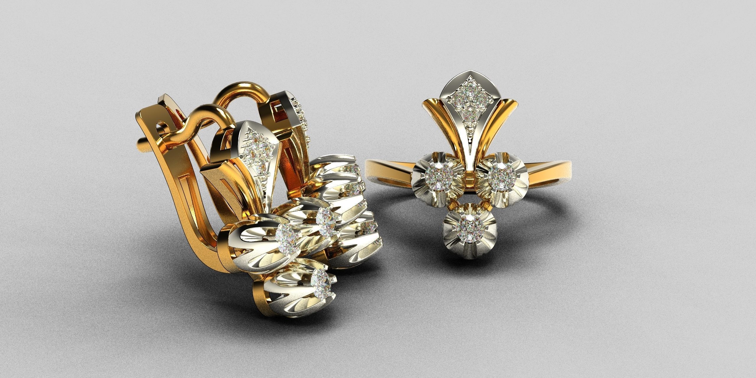 diamond ring and earrings 3D print model_2