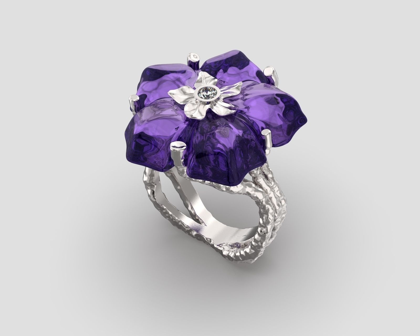R 027 cocktail flower ring and tree texture shank 3D print model_4