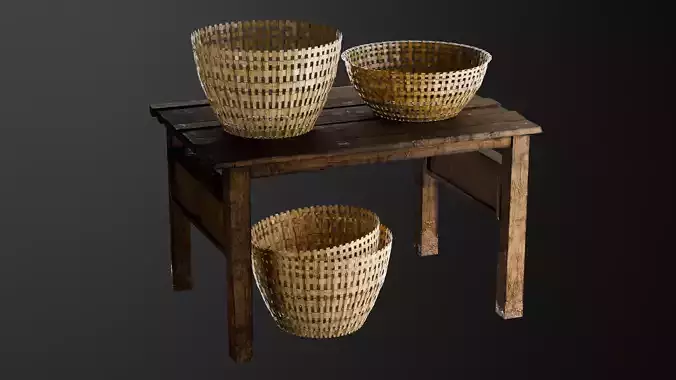 Basket and wooden table Game Assets item1