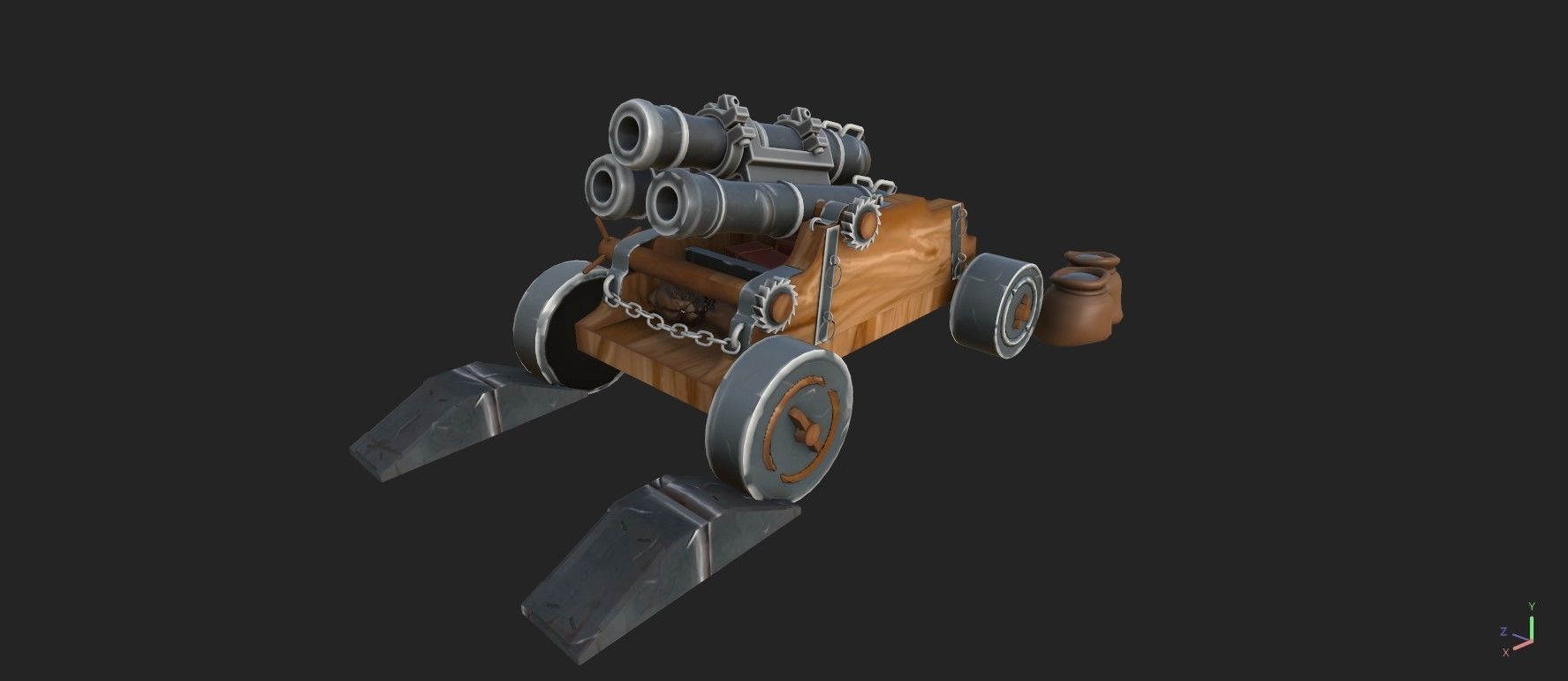 Stylized Triple Barrel Pirate Ship Canon 3D model_3