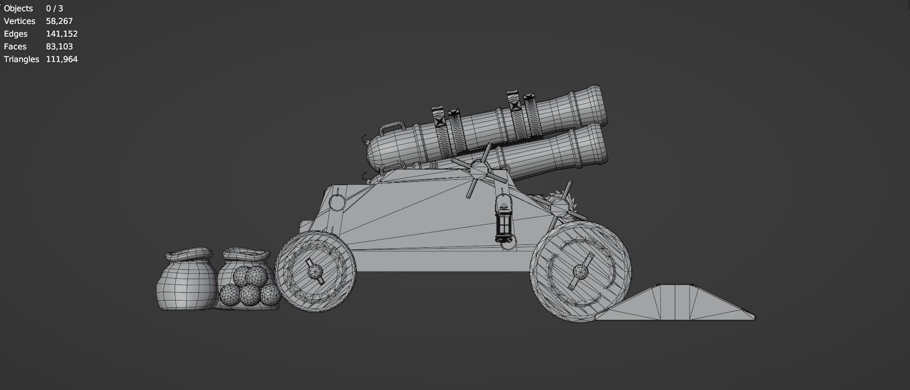 Stylized Triple Barrel Pirate Ship Canon 3D model_20
