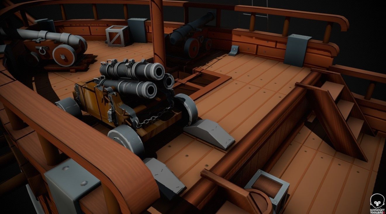 Stylized Triple Barrel Pirate Ship Canon 3D model_1