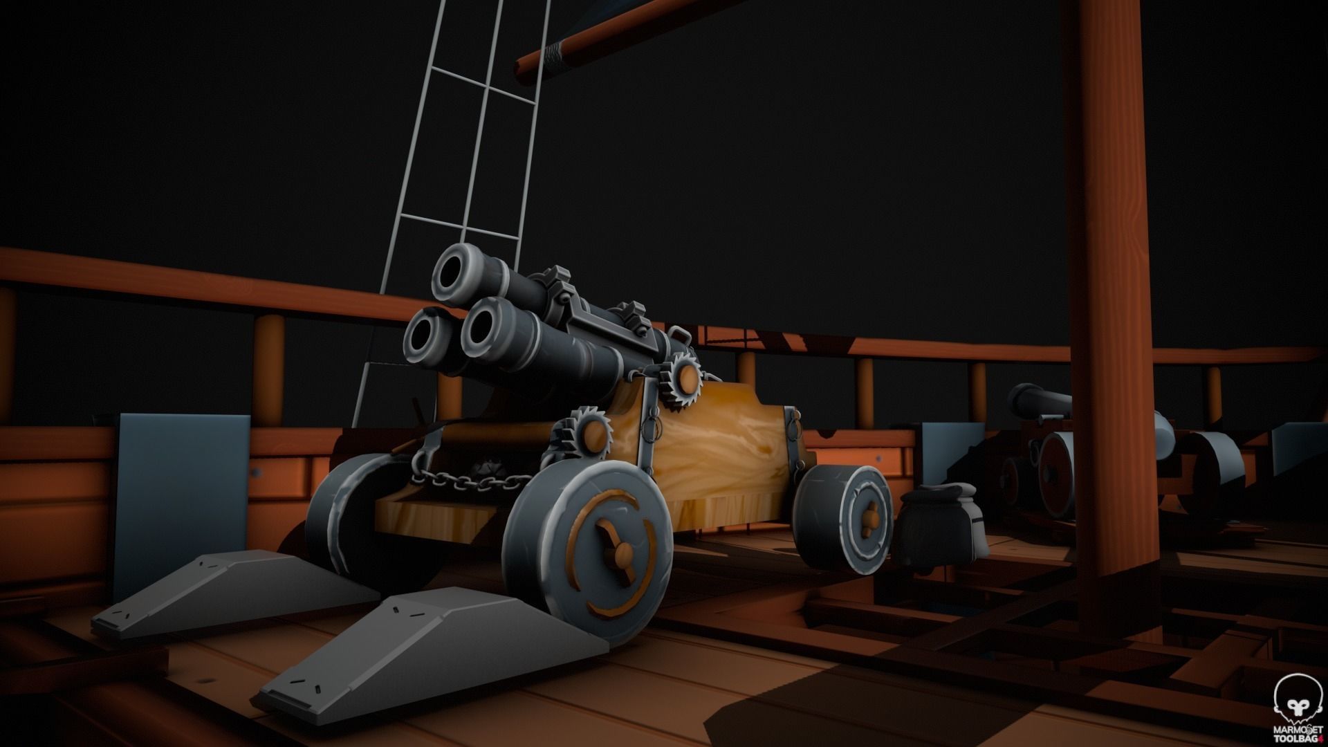 Stylized Triple Barrel Pirate Ship Canon 3D model_2