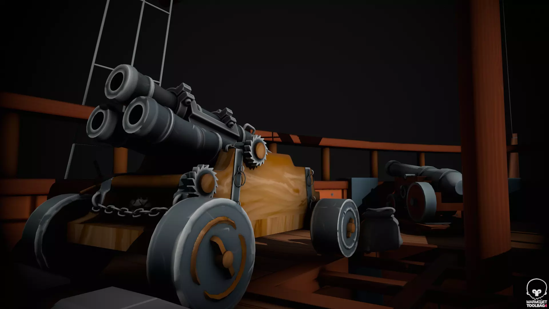 Stylized Triple Barrel Pirate Ship Canon 3D model_0