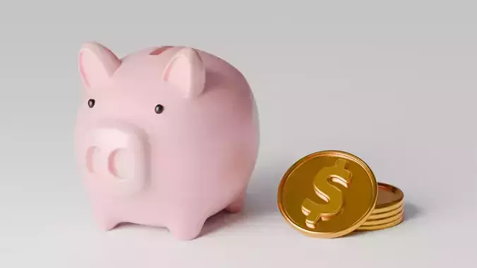 Low-poly 3D Cute Financial Concept With Toy Piggy bank and Coin