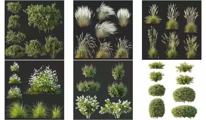 6 Different SETS of Plant Bush and Grass SET VOL145 3D Model Collection