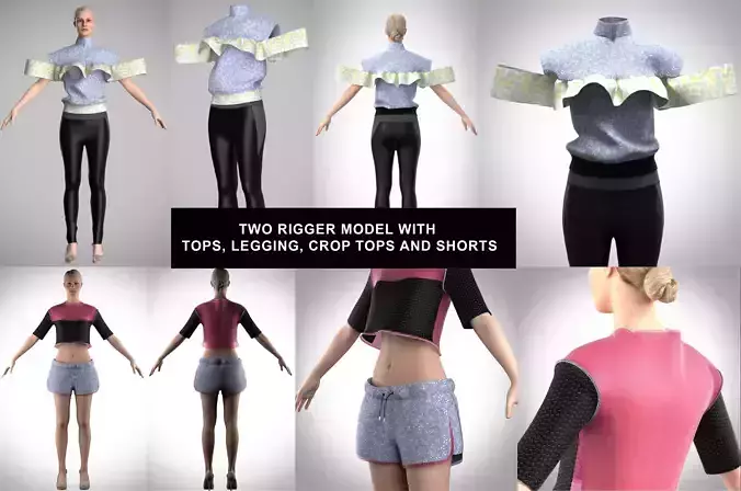 MODEL WITH TOPS LEGGING CROP TOPS AND SHORTS Low-poly 3D model