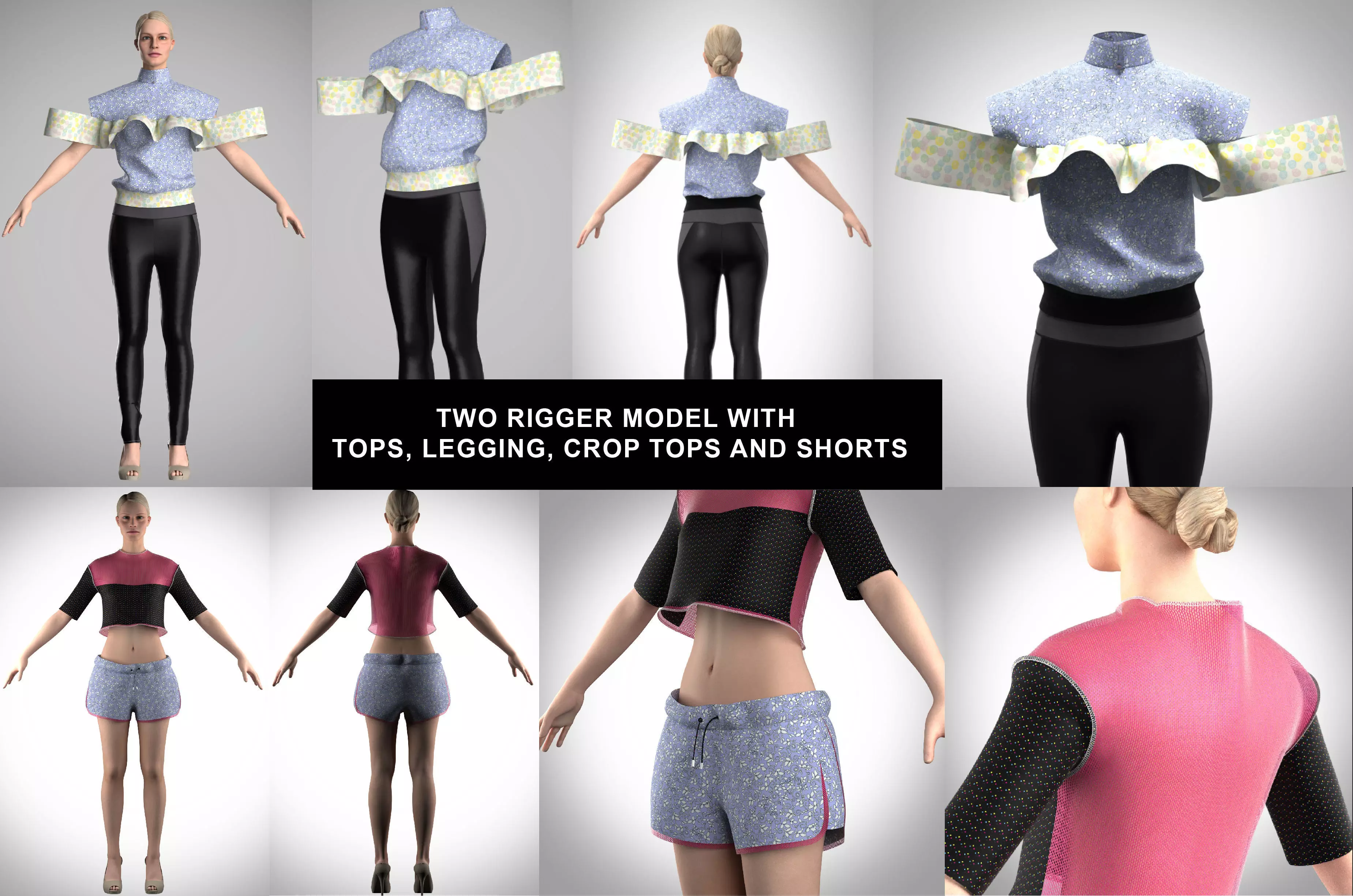 MODEL WITH TOPS LEGGING CROP TOPS AND SHORTS Low-poly 3D model