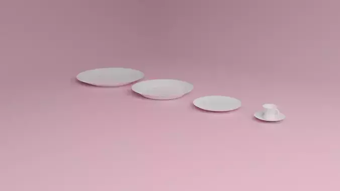  3D modeling of a set of plates and cup with saucer