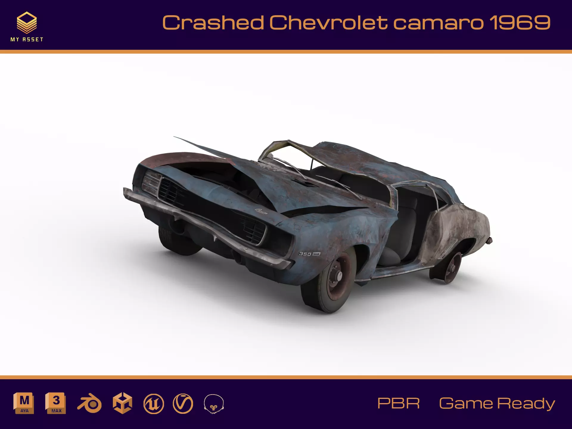 Crashed Chevrolet camaro 1969 Low-poly 3D model_0