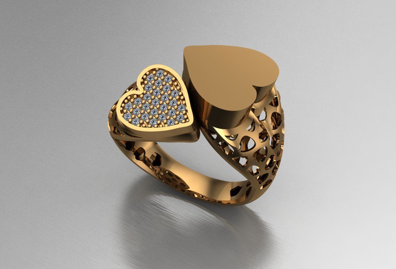 Dual Heart Head Italian Diamond Ring 3D print model_4
