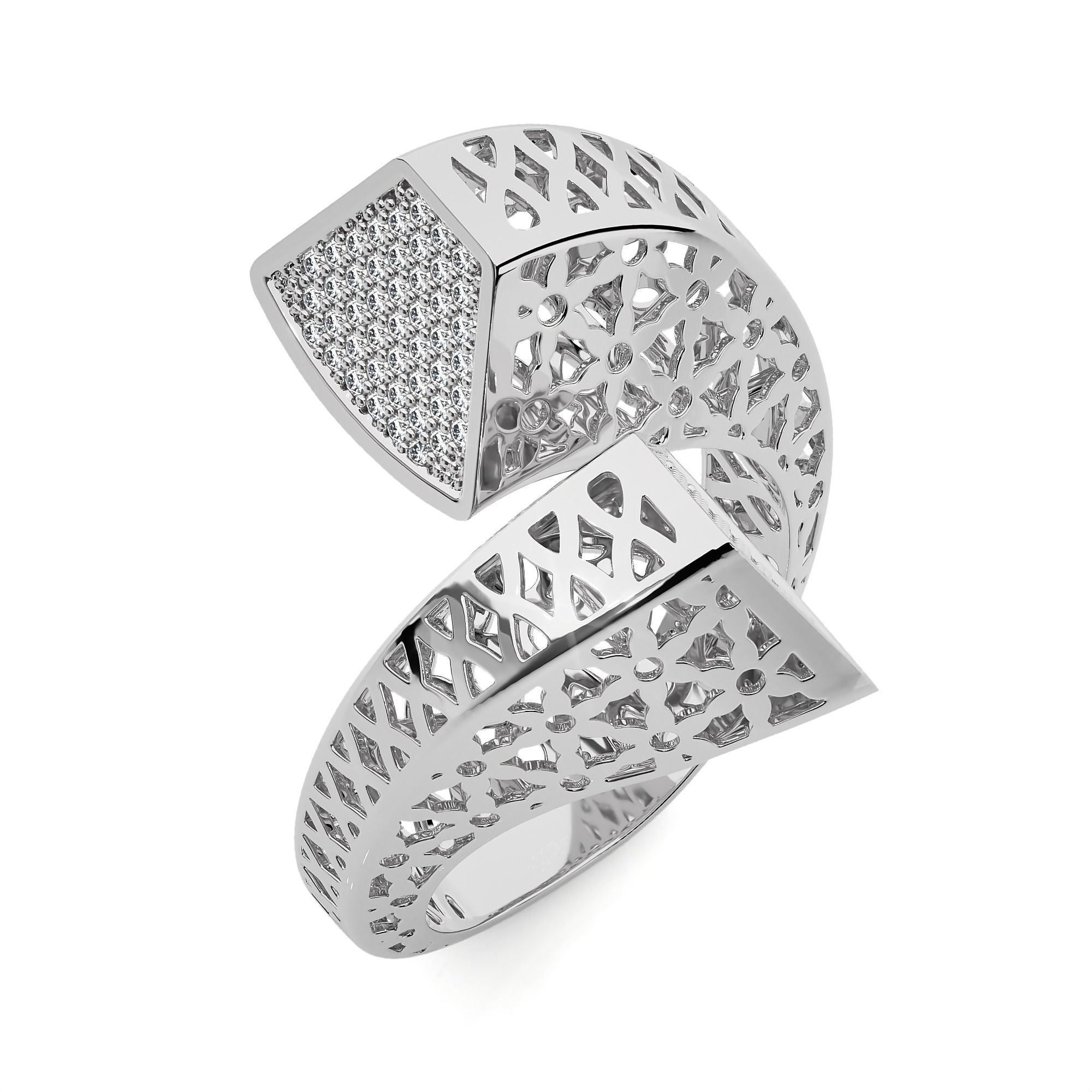 Dual Head Flower Mesh Curved Italian Diamond Ring 3D print model_2