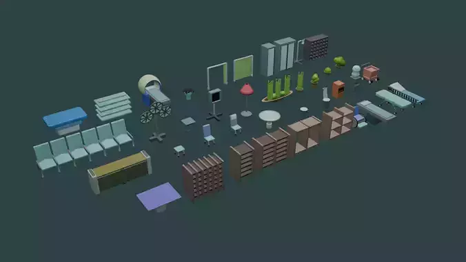  40 Objects Low Poly Hospital Furniture Pack 3D model