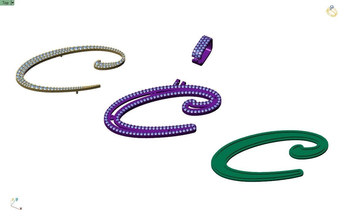 Custom Initial C Letter Diamond Pendant A to Z Alphabet Necklace 3D print model_9