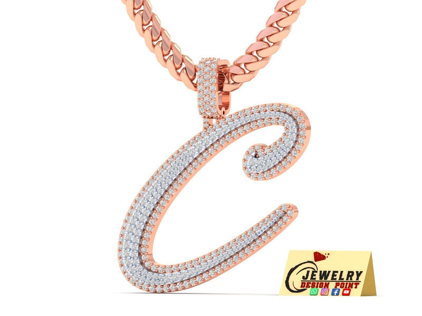 Custom Initial C Letter Diamond Pendant A to Z Alphabet Necklace 3D print model_2