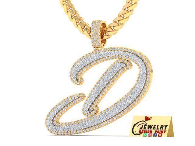 Custom Initial D Letter Diamond Pendant A to Z Alphabet Necklace 3D print model_2