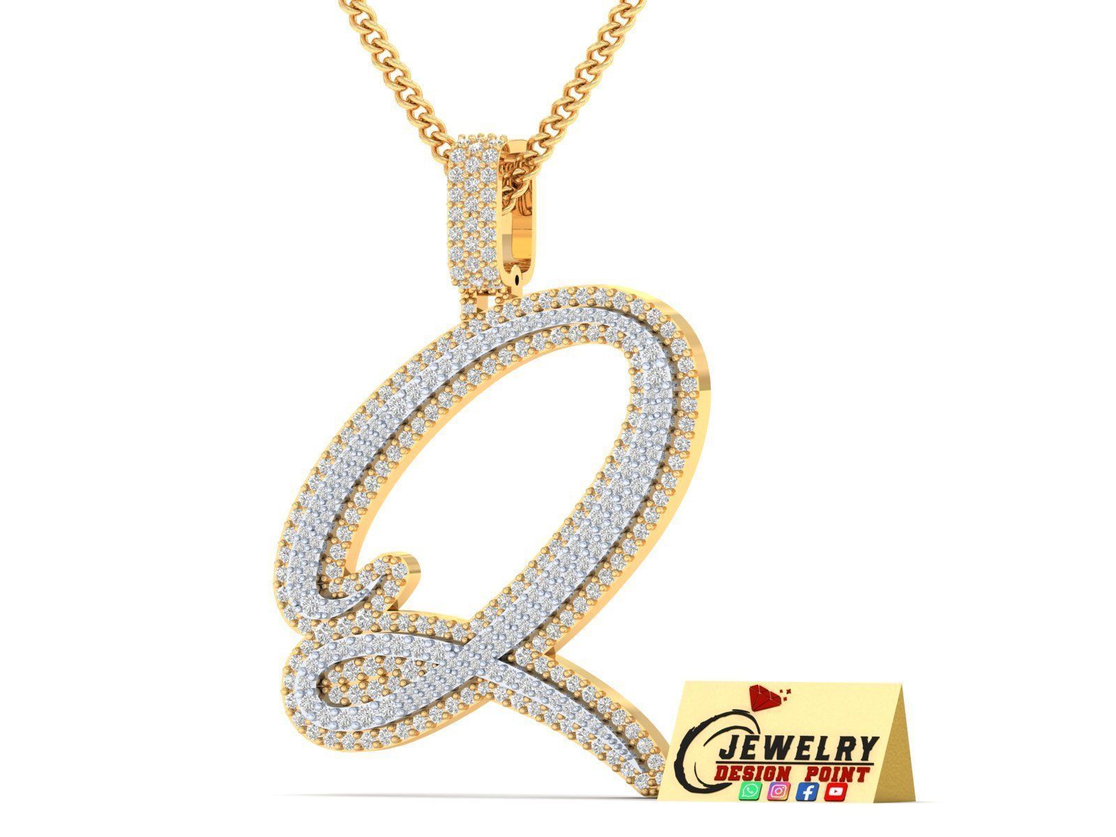 Custom Initial Q Letter Diamond Pendant A to Z Alphabet Necklace 3D print model_2