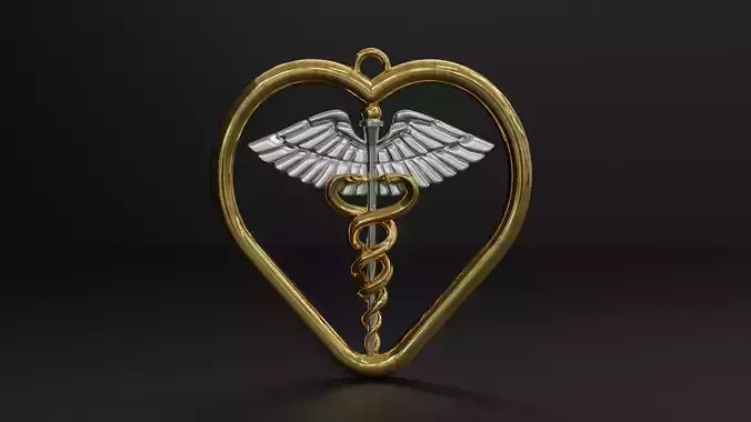Heart Shape Gold and Silver Caduceus Necklace Pendant
