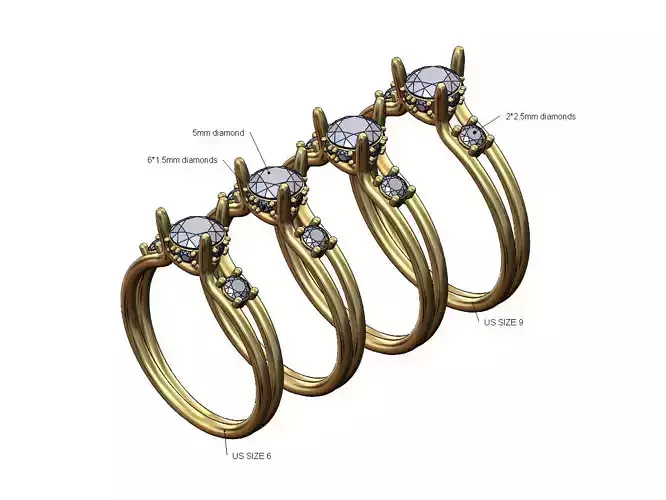 Diamond 3 prong  setting and sides 5mm stone ring Us sizes 6to9