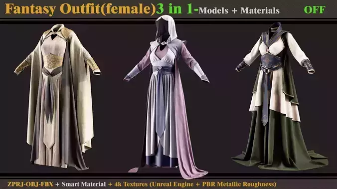 3 in 1 Fantasy Outfits- MD-Clo3d-OBJ-FBX-Materials-Textures 3D model