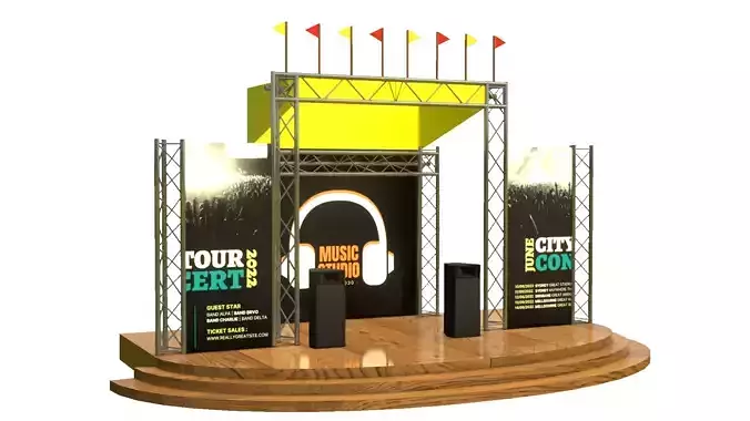 A stage with speakers and signs