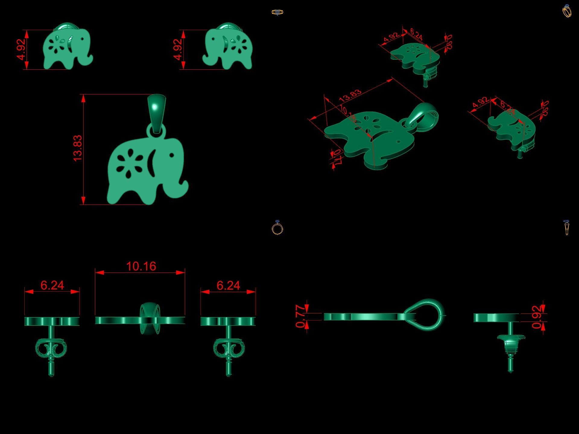Elephant Pendant and Earring STL OBJ 3DM 3D print model_5