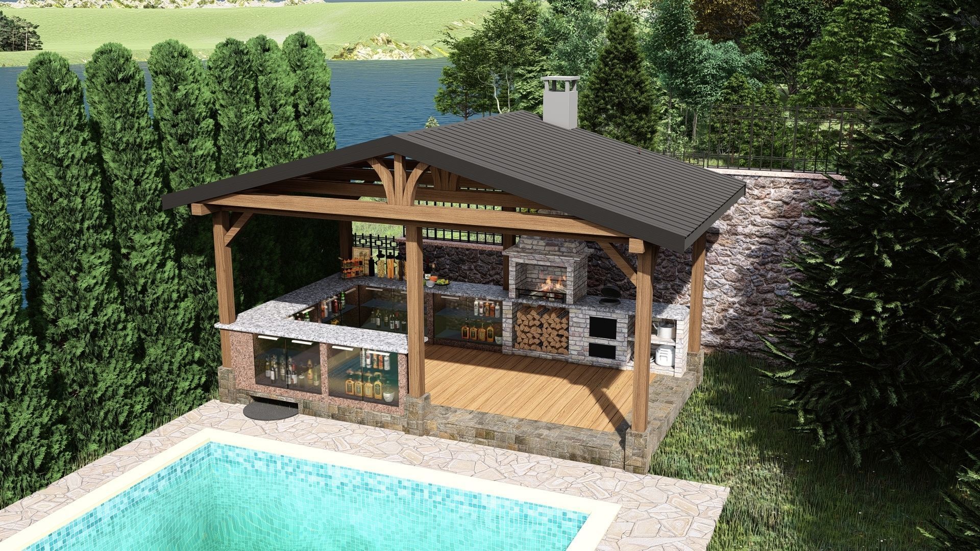 3D model of a gazebo with a bar 3D model_2