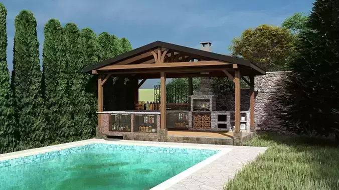 3D model of a gazebo with a bar